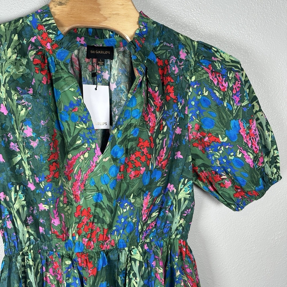 NEW Sugarlips Green Red Floral A-Line Dress Size Large Puff Sleeve V-Neck Cotton - Picture 2 of 5